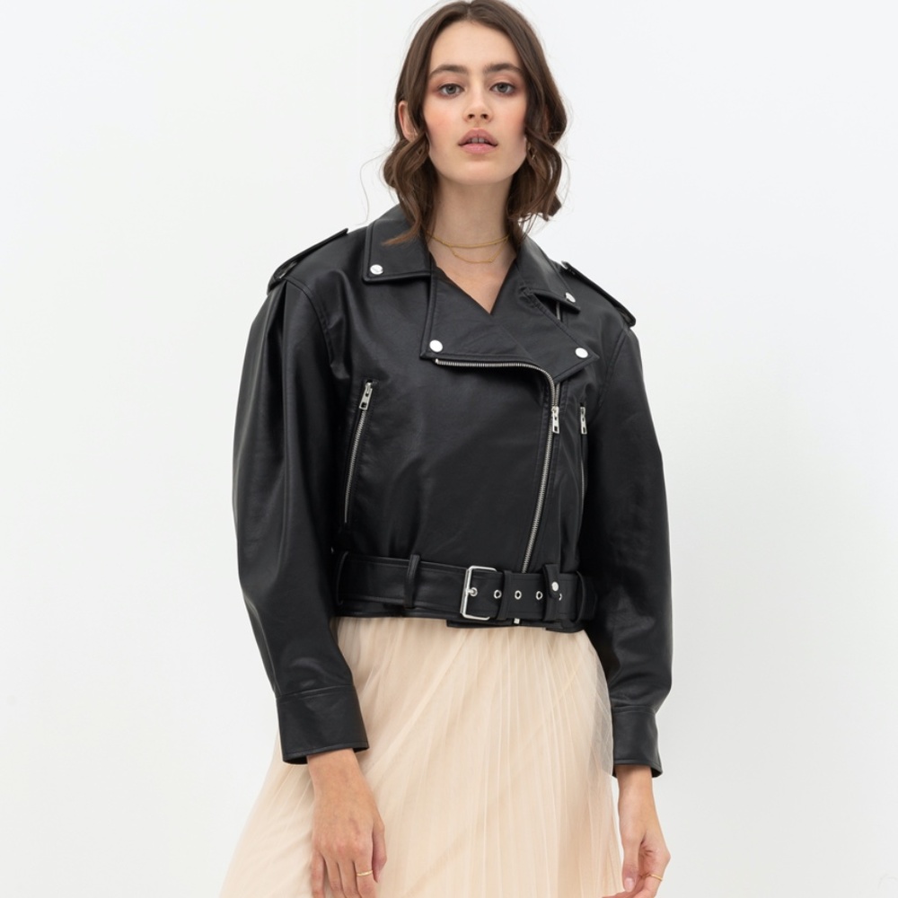 Bad Idea Shirred Shoulder Faux Leather Jacket